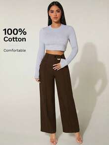 SHEIN PETITE 高腰寬腿夏季長褲 100%純棉，小碼女款 - 咖啡棕 - 查看 6
