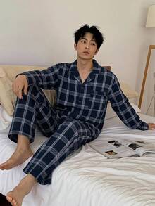 DAZY 秋季格紋襯衫搭配多色寬鬆男士居家休閒套裝 - 藏蓝色 - 查看 5