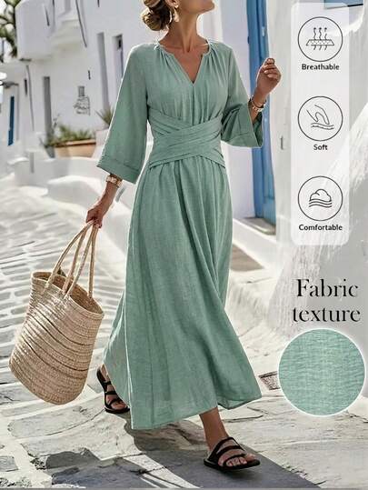 Louniche Damen Frühlings-/Sommer-Freizeitkleid in Olivgrün mit halben Ärmeln, Kerbkragen und Kreuz-Taille-Design, minimalistischer Stil, elegant für den täglichen Gebrauch, Einkaufen, Nachmittagstee, kleine Zusammenkünfte, leichter Business-Pendler