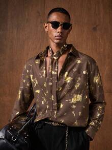 HIMLAND Luxurious Brown Shirt With Gold Metallic Abstract Print Long Sleeve Casual Button Down Top
Fashionable Long Sleeve Button Down Shirt Gold - Coffee Brown - View 4