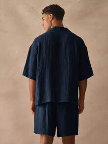 Musero Se vende como un conjunto de camisa corta abotonada de manga corta y pantalones cortos, esenciales de primavera y verano - Azul Marino - Ver 4