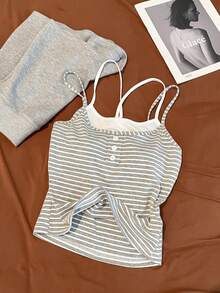 Franclia Plus Size Striped Button Contrast Color 2 In 1 Camisole And Shorts Set - Grey - View 4