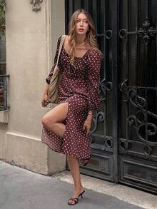 Serisse Women's Polka Dot Print Front Tie Long Sleeve Split Hem Elegant Midi Dress,Fall/Winter ,Formal ,Business ,Chic ,Back To School,Christmas,New Year , - Brown - View 9