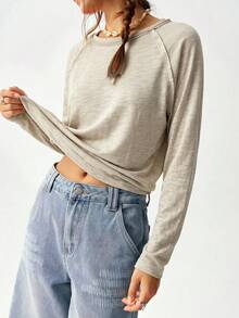 Bohemela Vacation Solid Color Knit Round Neck Raglan Sleeve Long Loose Fit Women T-Shirt Everyday Grey Autumn Casual - Beige - View 5