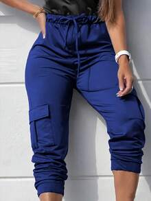 EMERY ROSE Solid Color Drawstring Waist Pocketed Casual Harem Pants Fall Cloth For Women - Royal Blue - View 6
