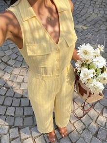 Cévolie Women's Sweet Striped Button V-Neck Pocket Jumpsuit - Yellow - View 4