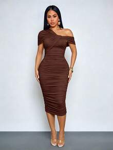 SOLERSUN Women's Sexy Ruched Asymmetrical Shoulder Bodycon Dress,Sexy Purple One Shoulder Bodycon Dress - Chocolate Brown - View 7