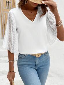 EMERY ROSE Loose Fit Mesh Contrast V-Neck Shirt - White - View 8