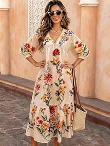 Flora Isola Flora Isola 女款優雅時尚通勤休閒舒適迷人復古極簡高級感浪漫度假風泡泡袖落肩寬鬆V領定位花卉印花領口與袖口中金編織飾邊長款大碼洋裝 - 彩色 - 查看 4