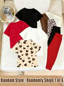 Caja Sorpresa Enviada al Azar 1 Set Niñas Pequeñas Camiseta Corta Básica + Leggings con Estampado Creativo de Leopardo, Corazón, Cereza, Lazo, Mariposa, Lunares y Letras con Eslogan - Multicolor - Ver 2