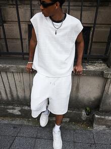 Major Grit Men's Vest Set, Young Street Style, Textured Fabric, Casual Daily Wear, Fashionable - White - View 5