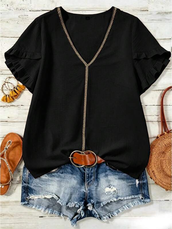 Linhara CURVE Plus Size Woven Casual Resort V-Neck Short-Sleeved Summer Women's Shirt