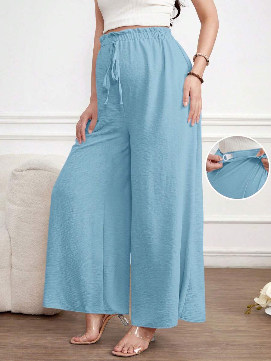 SHEIN 孕婦純色可調腰圍休閒日常寬腿褲 - 淺藍色 - 查看 1