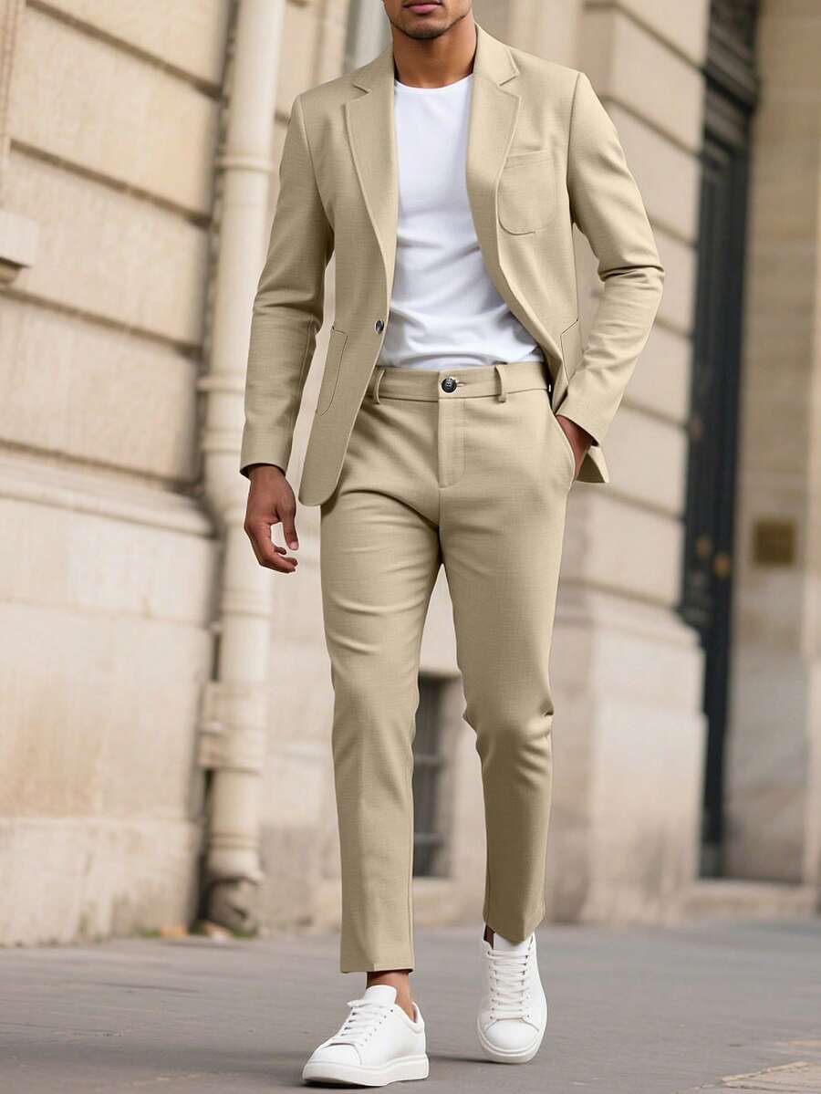 Manfinity Mode Conjunto de traje formal para hombre con blazer de cuello de solapa & pantalones, formal de primavera/verano, ceremonia - Caqui - Ver 1