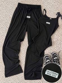 SHEIN 青少年女孩針織黑色英文Logo連身褲與長褲休閒兩件套 - 黑色 - 查看 1