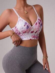 SHEIN Sports Sports Fashion Bra With Fixed Cups, Macaron Print, High Support Underwear - Multicolor - View 3
