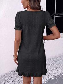 EMERY ROSE Summer New French Style Embroidered Eyelet Black Dress For Women, Puff Sleeve Round Neck Loose Fit Ruffle Asymmetrical Hem A-Line Babydoll Dress - Black - View 2