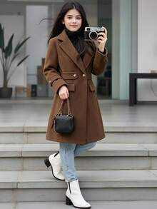 SHEIN Elladie kids 1件女童大衣，秋季服飾，雙面穿搭，優雅風格，中長版，適合秋冬，長袖，休閒舒適，日常穿著 - 棕色 - 查看 5