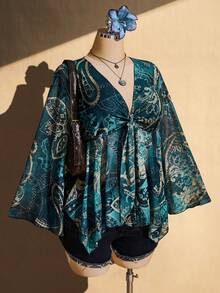 SHEIN ICON 女款大尺碼復古性感千禧風Y2K度假風深V領打結喇叭袖藍色佩斯利花紋不規則下擺網紗上衣秋季 - 彩色 - 查看 4