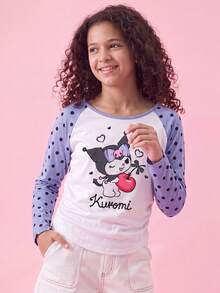 Maija Kids HELLO KITTY AND FRIENDS | SHEIN Maija Kids 1件 青少年女孩休閒優雅可愛細緻舒適針織卡通圖案紫色圓點拼接落肩長袖套頭T恤，適合返校、外出、休閒活動，秋冬穿著 - 紫色 - 查看 9