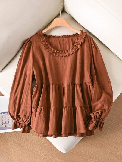 CosyJoli Plus Size Women's Solid Color Ruffle Trim Casual Daily Wear Blouse