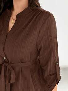 SHEIN Essnce Plus Size Casual Versatile Commute Solid Color Shirt Fall - Brown - View 6