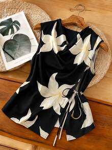 Elenzga Plus Size Women's Spring/Summer Elegant Commuter Black Base Large Floral Ruffle Collar Sleeveless Side Cinched Waist-Up Fitted Waist Slimming Asymmetrical Hem Top - Black - View 1