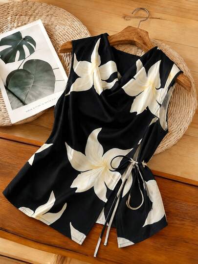 Elenzga Plus Size Women's Spring/Summer Elegant Commuter Black Base Large Floral Ruffle Collar Sleeveless Side Cinched Waist-Up Fitted Waist Slimming Asymmetrical Hem Top