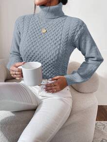 EURMUSE Women's High Neck Cable Flower Pattern Sweater Pullover For Autumn/Winter - Baby Blue - View 3