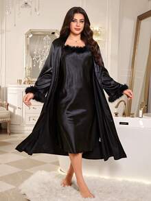 MuseNap CURVE Satin Long Camisole Dress With Fur Trim Neckline And Waist Tie, Plus Size Nightgown - Black - View 7