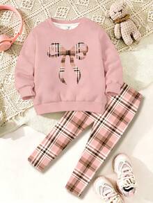 Rosa, Estampado de Patrón de Lazo Geométrico Casual, Sudadera de Cuello Redondo de Manga Larga Cómoda Suave y Cálida & Leggings para Niña Joven, Adecuado para Otoño/Invierno Diario, Año Nuevo, Estilo Callejero, Hogar, Vacaciones, Temporada Acogedora, Navidad - Multicolor - Ver 2