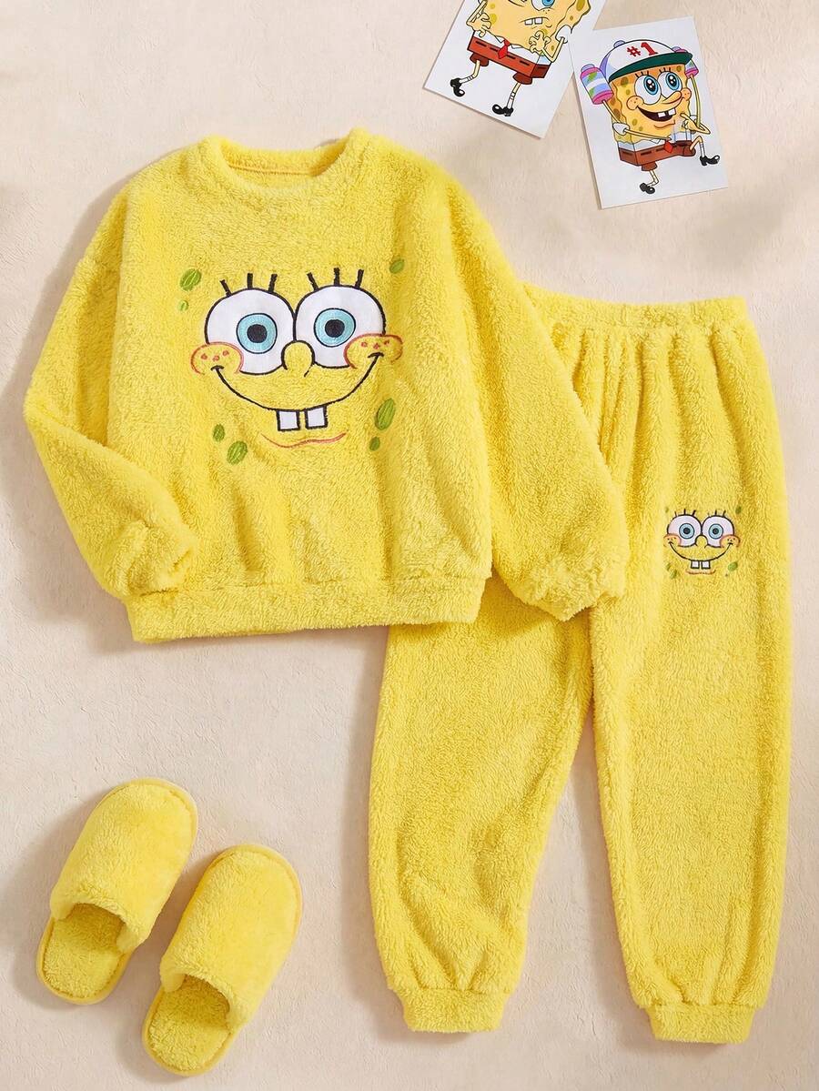 SpongeBob SquarePants | SHEIN Tween Girl Cartoon Embroidered Crew Neck Long Sleeve Top And Coral Fleece Pants Pajama Set, Suitable For Autumn/Winter Fall - Yellow - View 1