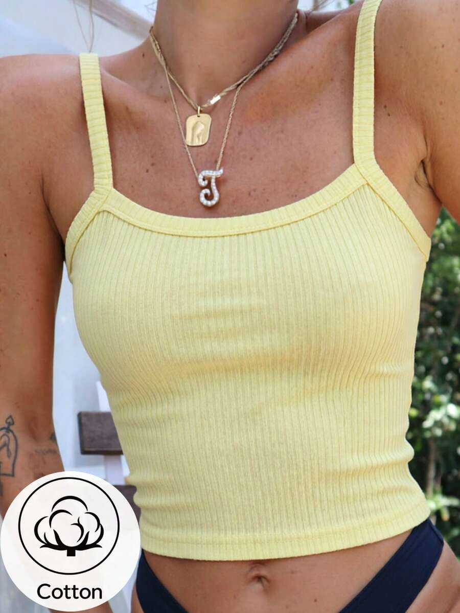 Vaclyn 夏季海灘風淺黃色純色彈性棉修身女款休閒細肩帶背心 - 淡黃色 - 查看 1