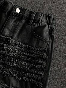 Kids Tween Boy Casual Denim Shorts With Pockets And Frayed Hem For Daily Wear - Black - View 4