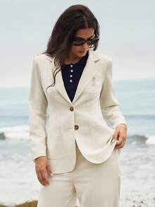 Nima Coro Linen Lyocell Fabric Elegant Preppy Classy Commute Office Formal Minimalist Old Money Teachers' Day Blazer With Lapel Lining Side Slit Metal Buttons - Apricot - View 5