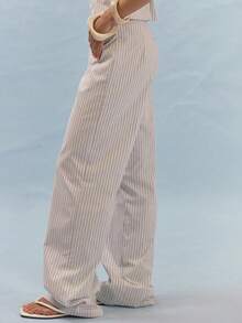 MUSERA Mid Rise Straight Leg Trousers With Stripe Pattern And Button Pocket Flap Detail Coord Bottoms Only Autumn Casual Brunch Vacation Blue White - White - View 3