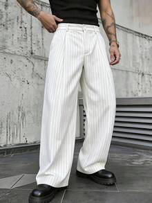 SLATEMANN 男士白色條紋長褲，休閒寬鬆直筒長褲，極簡時尚西裝褲 - 白色 - 查看 1