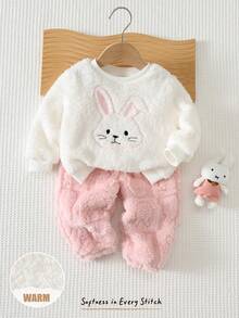 Cozy Pixies Baby Girl Cartoon Rabbit Embroidered Pattern Plush Soft Round Neck Long Sleeve Pullover Sweatshirt Elastic Waist Textured Cartoon Pattern Letter Graphic Plush Long Pants 2-Piece Set - Pink - View 6