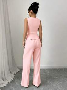 Elenzga Women's Elegant Sleeveless Blazer Vest And Pants Suit Set, Business/Commute Style, Summer - Pink - View 2