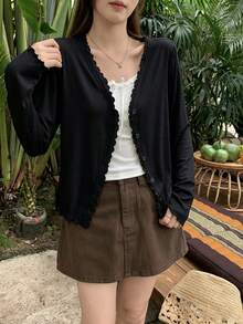 K-Vae Women's Casual Minimalist Basic Versatile Solid Color Thin Cardigan Office Black Autumn - Black - View 5