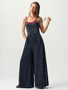 Bohemela Casual Knit Spaghetti Strap Wide Leg Women's Jumpsuit Vacation Dark Green Summer - Black - View 8