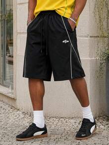Manfinity EZcore Plus Size Men's Casual Summer Bermuda Beach Shorts With Contrast Trim And Drawstring Waist - Black - View 5