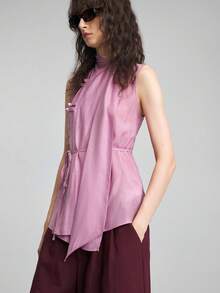Ontre Women's Floral Pink Small Stand Collar Slim Fit Chinese Style Frog Button Modern Urban Business Casual Office Brunch Tea Party Top Summer Elegant - Pink - View 5