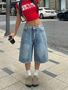 SHEIN Tween女孩復古水洗藍色牛仔寬鬆寬腿長褲 10Y 海灘 Y2K 藍色 夏秋 日 婚禮 - 中等水洗藍 - 查看 3