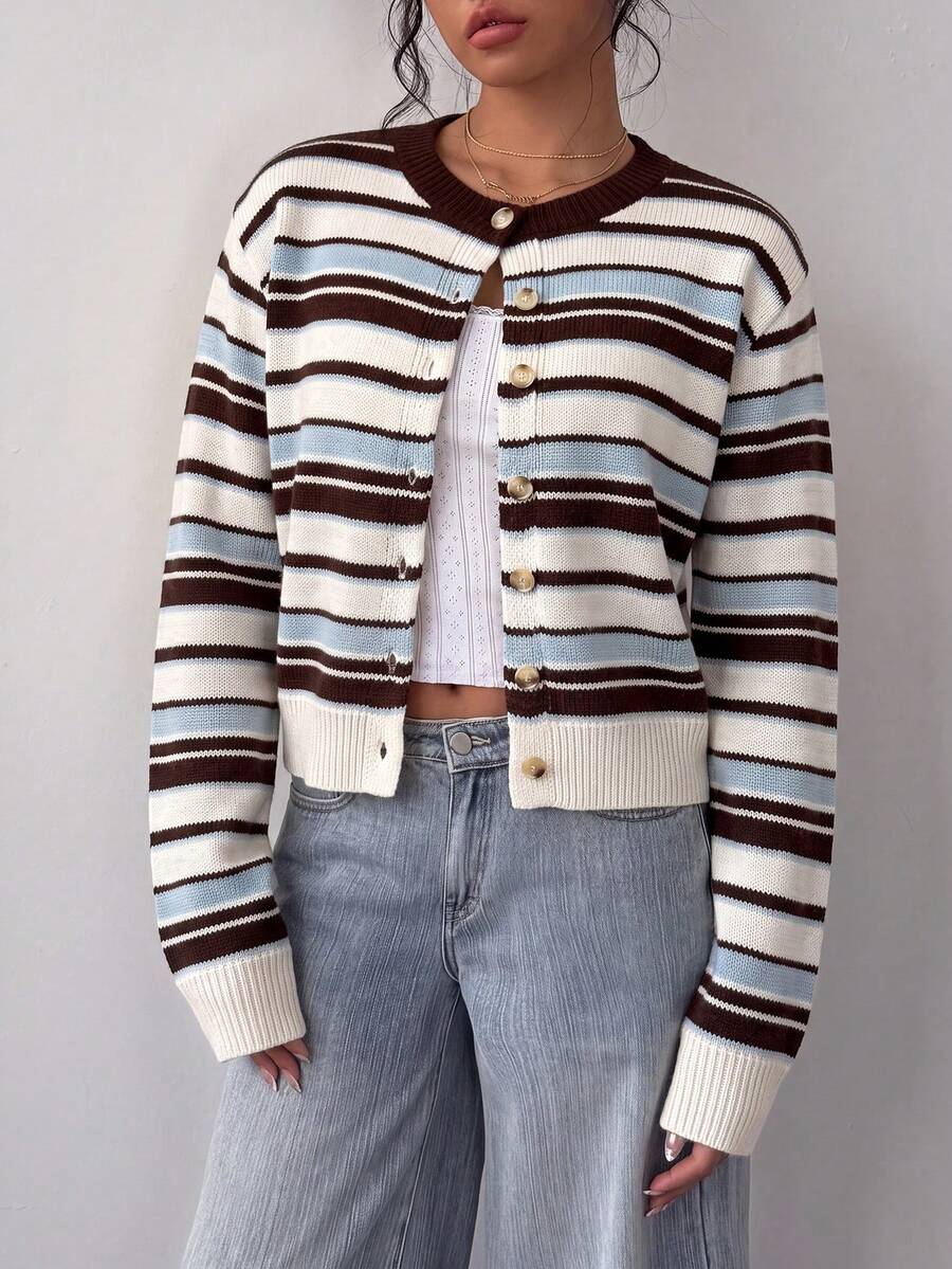 SHEIN BASICS 女款休閒針織開襟衫,美式復古條紋,夏季,街頭風,日常通勤校園,秋冬,畢業季,藍白條紋 - 彩色 - 查看 1