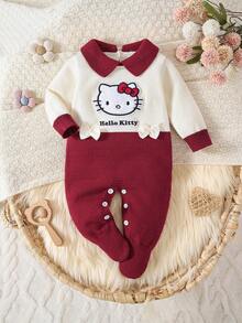 HELLO KITTY AND FRIENDS | SHEIN GraphicGems 新生兒嬰兒毛衣連身衣 3D 毛巾刺繡 紅色與米色 舒適柔軟針織爬行衣 秋冬款 簡約可愛時尚卡通款 適合春秋 - 彩色 - 查看 1