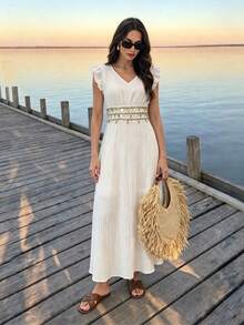 Modelyn Women White V Neck Ruffle Sleeveless Maxi Dress, Textured Fabric Coin Tassel Waist Band Flowy Loose Vacation Long Dress - Khaki - View 5