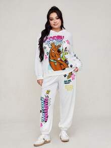 SCOOBY-DOO X SHEIN Plus Size Y2K Dressy Casual Set: Star Great Dane Print Drawstring Hooded Sweatshirt And Jogger Pants, Long Sleeve, Autumn White Formal - White - View 1