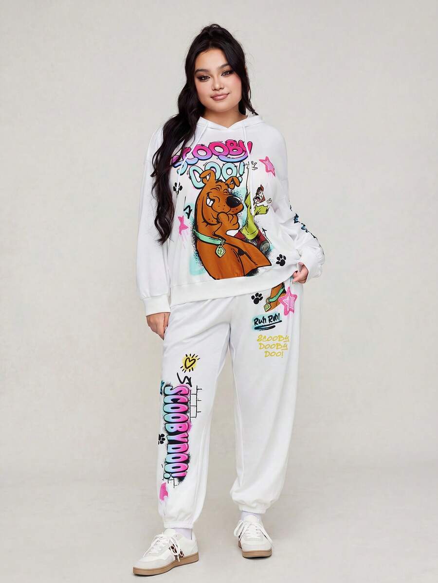 SCOOBY-DOO X SHEIN Plus Size Y2K Dressy Casual Set: Star Great Dane Print Drawstring Hooded Sweatshirt And Jogger Pants, Long Sleeve, Autumn White Formal - White - View 1