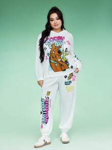 SCOOBY-DOO X SHEIN Plus Size Y2K Dressy Casual Set: Star Great Dane Print Drawstring Hooded Sweatshirt And Jogger Pants, Long Sleeve, Autumn White Formal - White - View 8